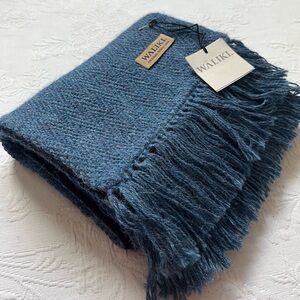 NWT WALIKI 100% Alpaca Knit Fleece Lined Blue Fringe Scarf Bolivia